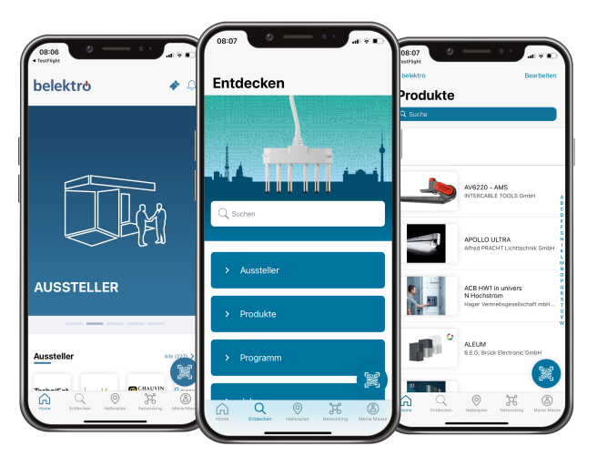 Bild drei Handyscreens der belektro App